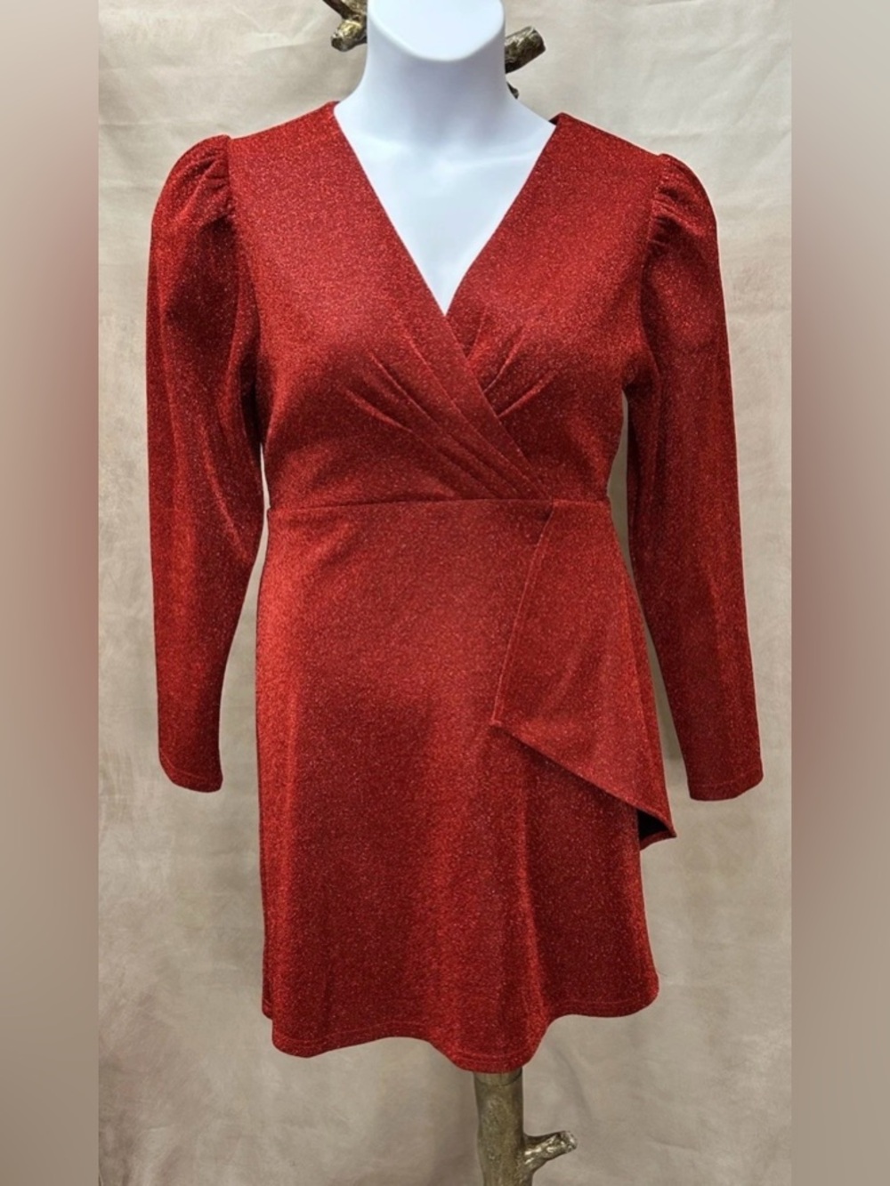 Lea & Viola Red Sparkle Faux Wrap Party Dress Size L